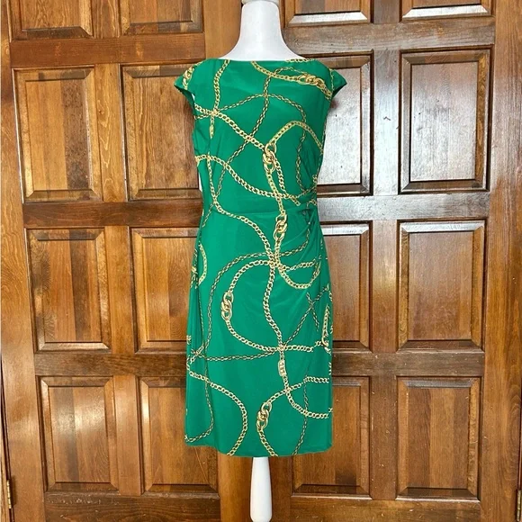 Lauren Ralph Lauren Dress 10 Green Equestrian Gold Link Chain - Picture 1 of 8